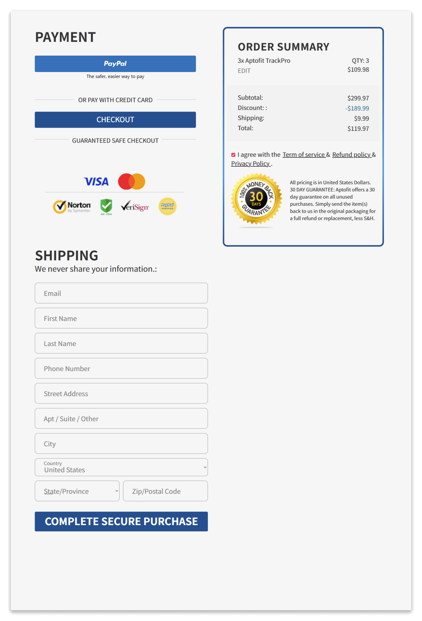 aptofit trackpro checkout page